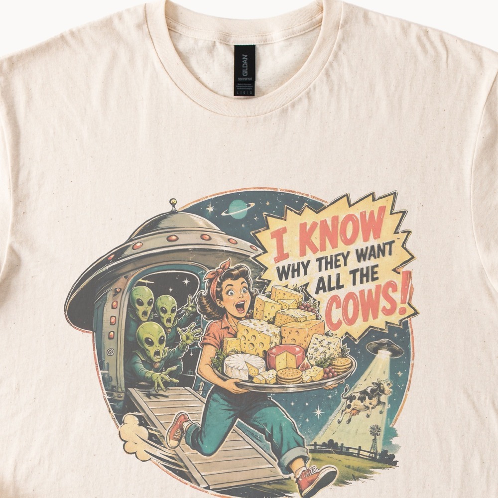Retro Alien Cheese Abduction Graphic Tee Vintage Sci-Fi Humor